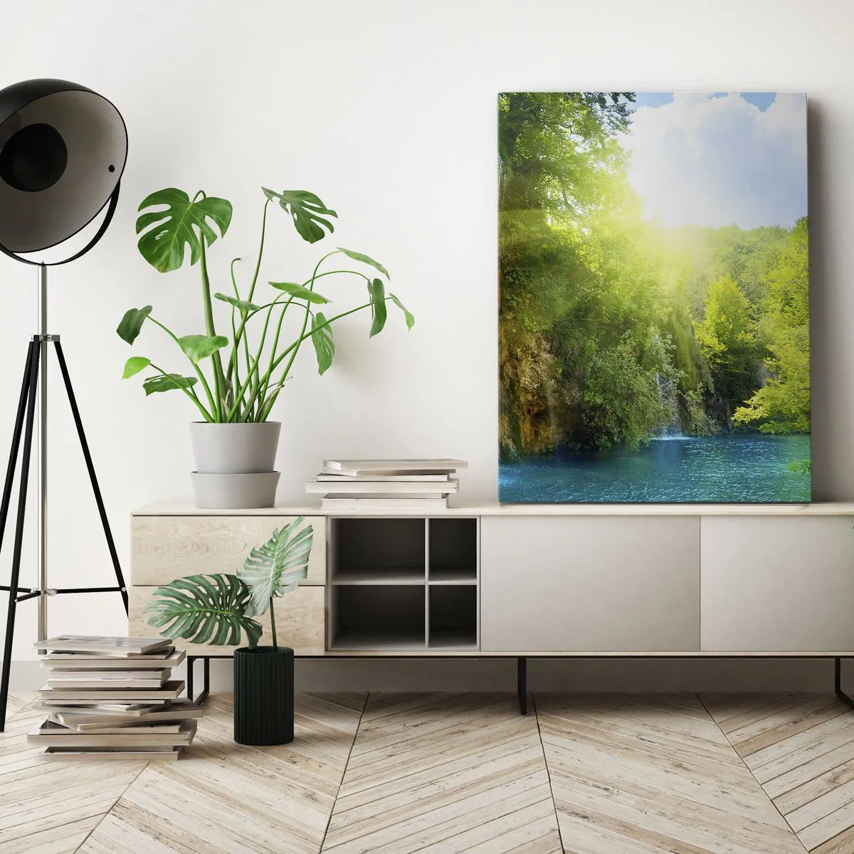 Impression sur toile - Image sur toile - Une cascade se jetant dans un lac turquoise entouré de verdure - 70x100cm - Ce doit être le paradis ici - Décoration murale moderne pour le salon et la chambre ARTTOR