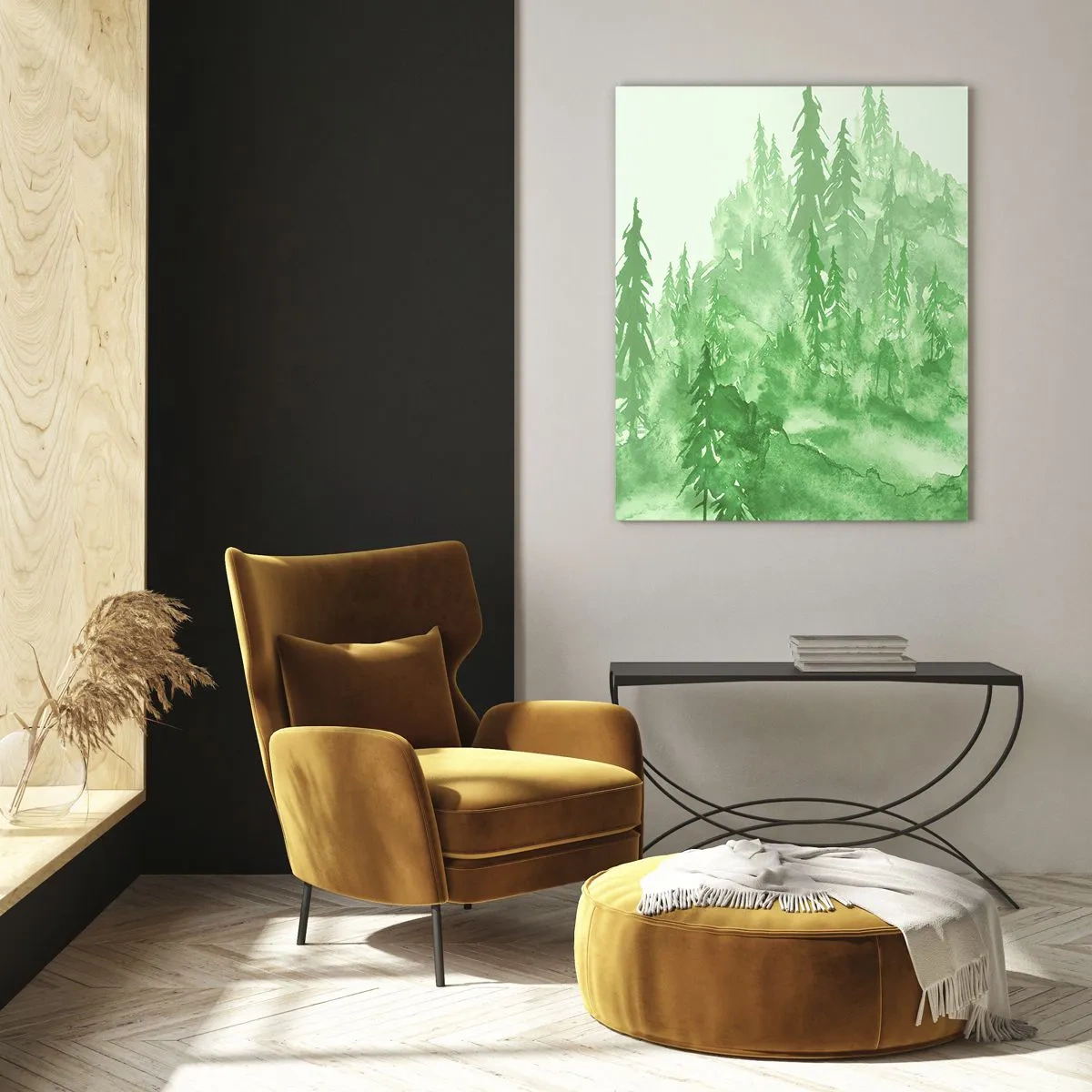 Impression sur verre - Image sur verre - Forêt verte dans un style aquarelle - 50x70cm - Flou de brouillard vert - Décoration murale moderne pour le salon et la chambre ARTTOR