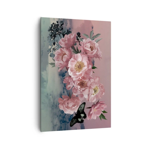 Impression sur toile - Image sur toile - Pivoines roses avec un papillon sur fond pastel - 70x100cm - Pic du romantisme - Décoration murale moderne pour le salon et la chambre ARTTOR