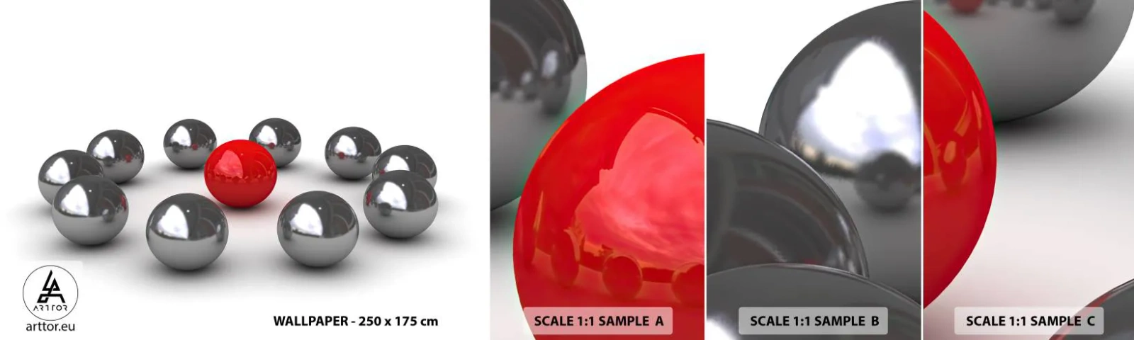 Échantillon de Papier Peint Autocollant Deluxe Sticker - Un cercle en argent et rouge - Abstraction, 3D, Boules rondes - 100x30 cm