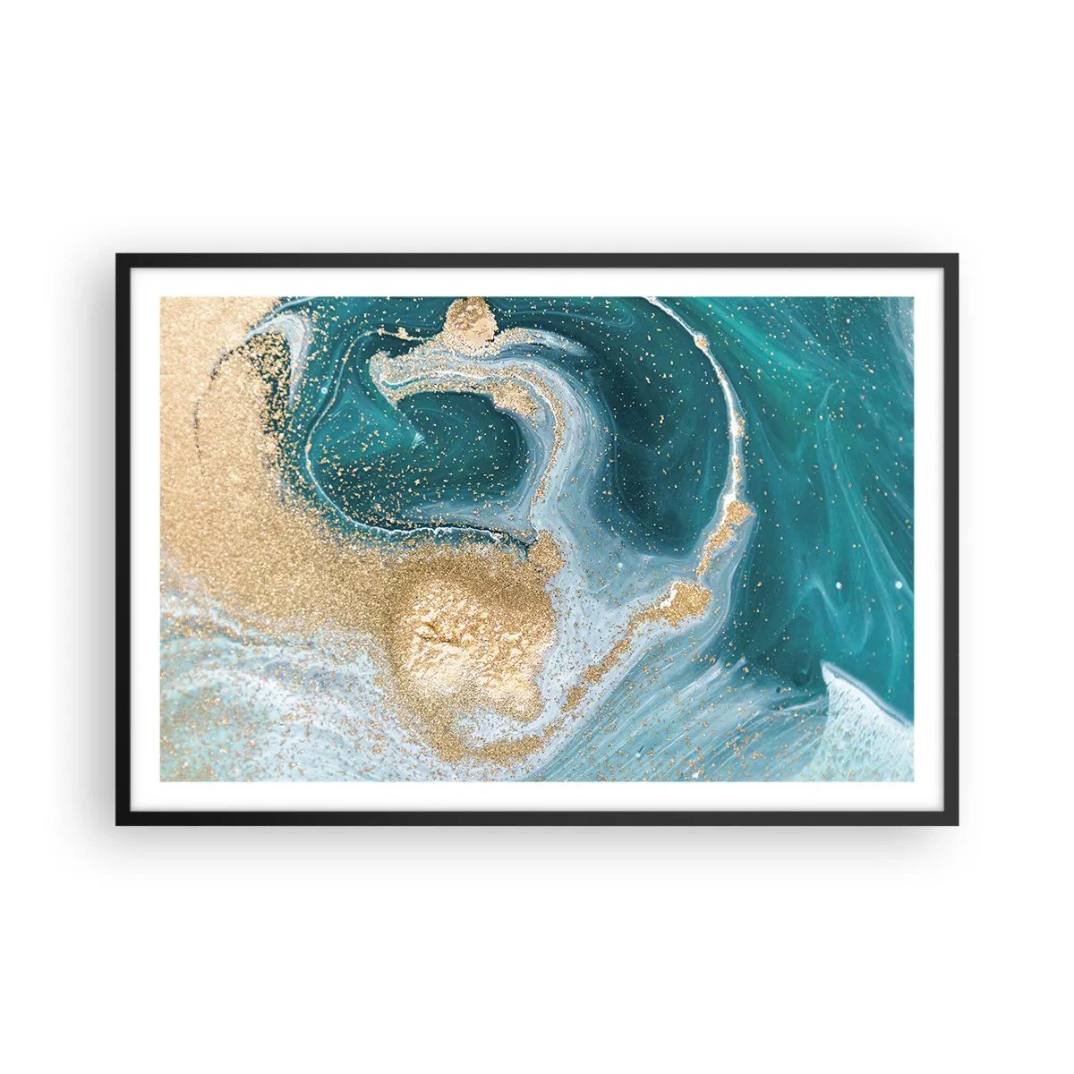 Affiche dans un cadre noir - Poster - Tourbillon d'or et de turquoise - 91x61 cm