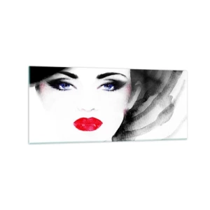 Impression sur verre - Image sur verre - Portrait d'une femme aux lèvres rouges et aux yeux bleus intenses - 120x50cm - Elle repousse et attire - Décoration murale moderne pour le salon et la chambre ARTTOR