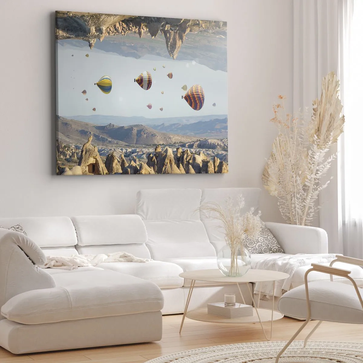 Impression sur toile - Image sur toile - Ballons colorés au-dessus d'un paysage rocheux - 70x50cm - Ici, tout est possible - Décoration murale moderne pour le salon et la chambre ARTTOR