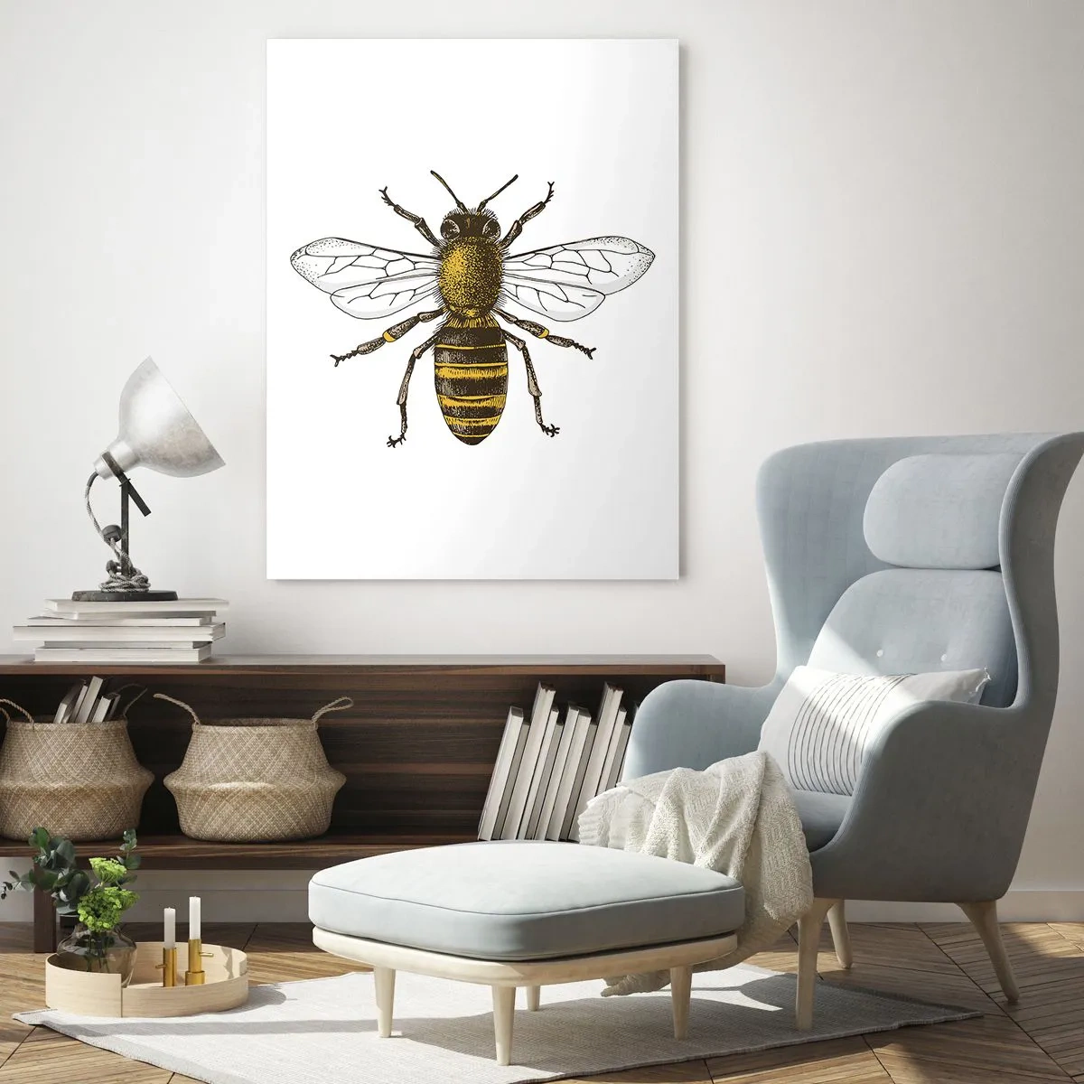 Impression sur verre - Image sur verre - Illustration détaillée d'une abeille sur fond blanc - 80x120cm - Belle et bonne - Décoration murale moderne pour le salon et la chambre ARTTOR