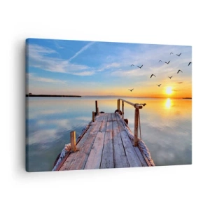 Impression sur toile - Image sur toile - Jetée en bois au coucher du soleil sur un lac calme - 70x50cm - Marcher droit vers le soleil - Décoration murale moderne pour le salon et la chambre ARTTOR