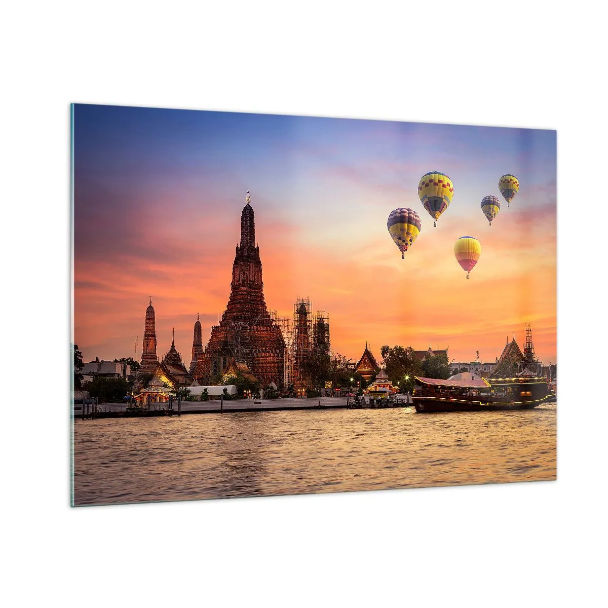 Impression sur verre - Image sur verre - Temple au bord de la rivière au coucher du soleil avec des ballons - 100x70cm - C'est ici que naissent les contes de fées - Décoration murale moderne pour le salon et la chambre ARTTOR
