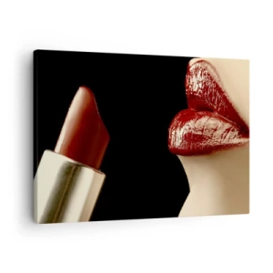 Impression sur toile - Image sur toile - Lèvres rouges et rouge à lèvres sur fond noir - 70x50cm - Sensualité et brillance du carmin - Décoration murale moderne pour le salon et la chambre ARTTOR