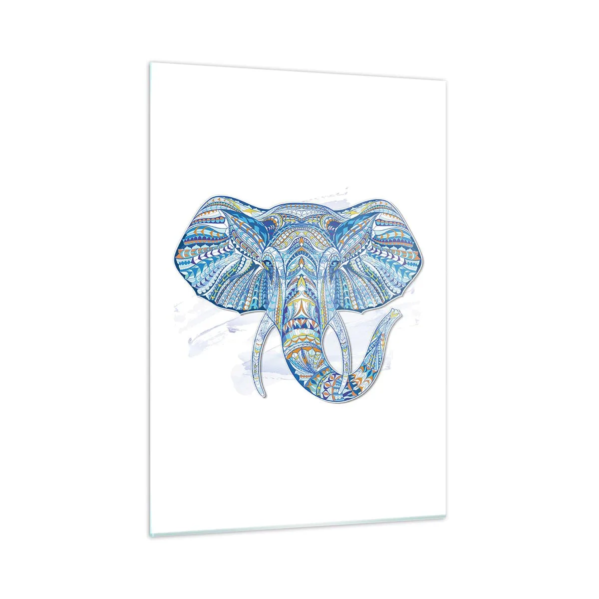 Impression sur verre - Image sur verre - Éléphant bleu dans un style artistique avec des motifs géométriques - 50x70cm - Incrusté d'or et de bleu ciel - Décoration murale moderne pour le salon et la chambre ARTTOR