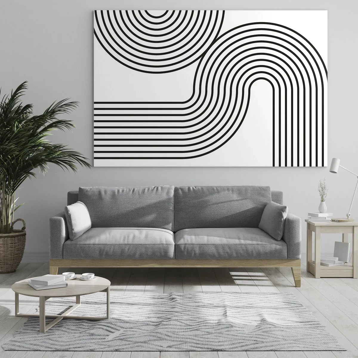 Impression sur verre - Image sur verre - Graphiques en noir et blanc avec des lignes parallèles courbes - 100x70cm - En plein virage - Décoration murale moderne pour le salon et la chambre ARTTOR