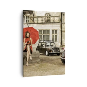 Impression sur toile - Image sur toile - Femme avec un parapluie rouge par des voitures classiques - 50x70cm - Un mini-voyage sentimental - Décoration murale moderne pour le salon et la chambre ARTTOR