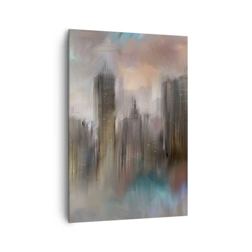 Impression sur toile - Image sur toile - Une vision artistique d'un paysage urbain avec des gratte-ciels aux couleurs pastel. - 70x100cm - Une composition d'acier, de pierre et de brouillard - Décoration murale moderne pour le salon et la chambre ARTTOR