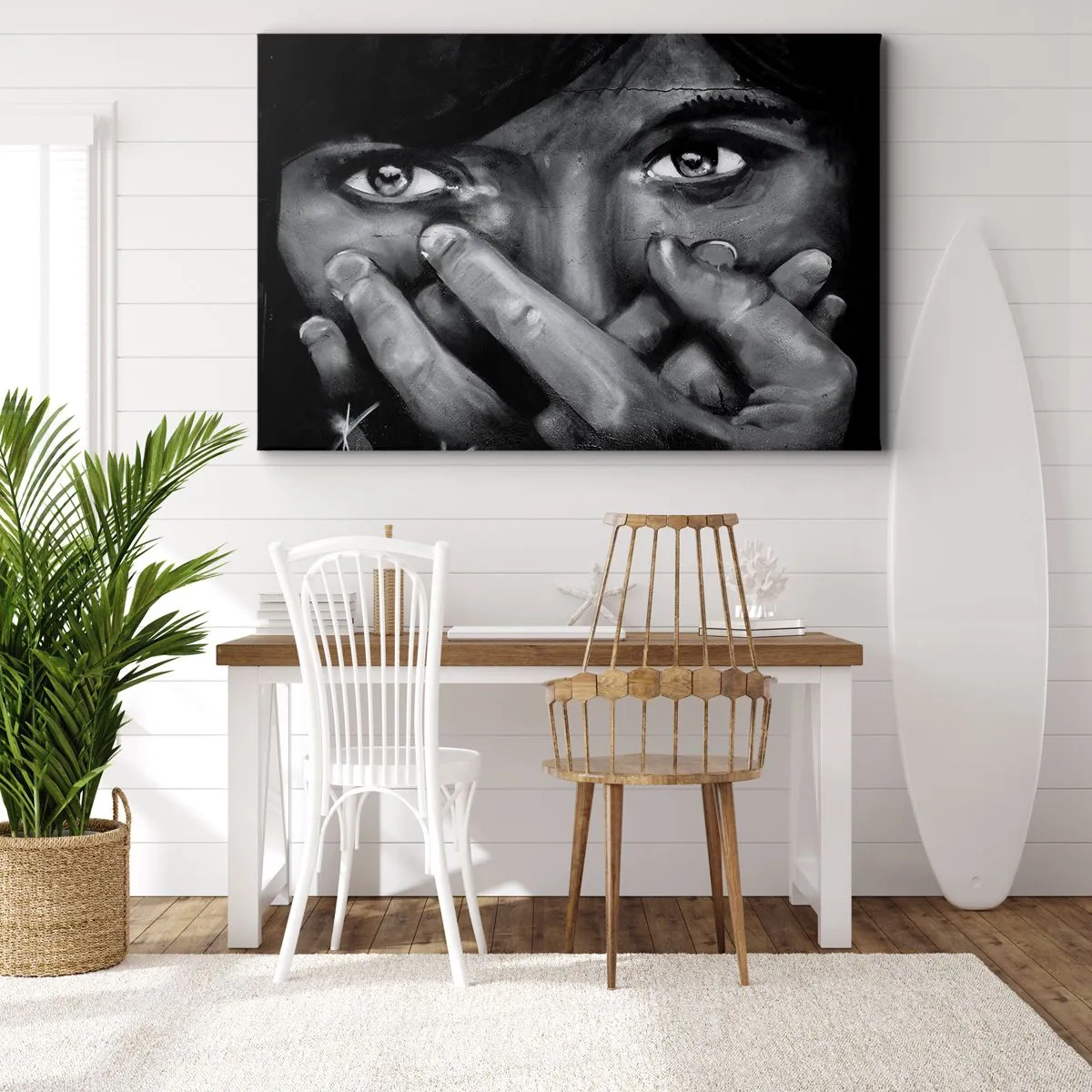Impression sur toile - Image sur toile - Portrait en noir et blanc d'une femme se couvrant le visage avec ses mains. - 100x70cm - Je ne dirai pas qui a peint - Décoration murale moderne pour le salon et la chambre ARTTOR