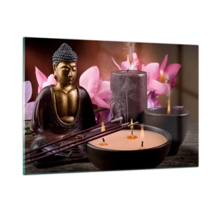 Impression sur verre - Image sur verre - Composition de relaxation avec Bouddha, bougies et fleurs - 120x80cm - Vider l'esprit, calmer le corps - Décoration murale moderne pour le salon et la chambre ARTTOR