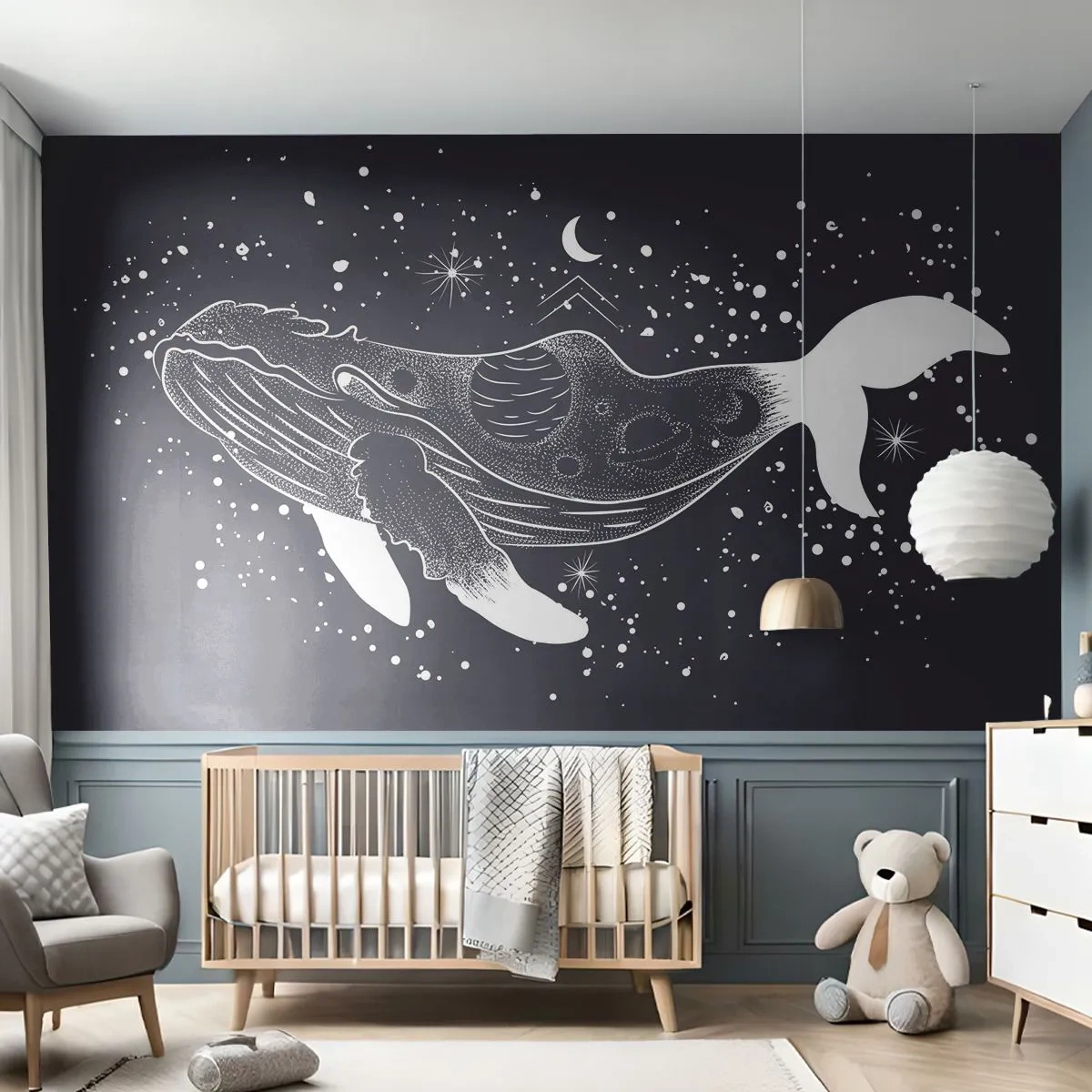 Papier Peint Photo Premium Sand - Une baleine graphique flottant parmi les étoiles - 100x70cm - Dans l'océan de l'univers - Décoration murale moderne pour le salon et la chambre ARTTOR
