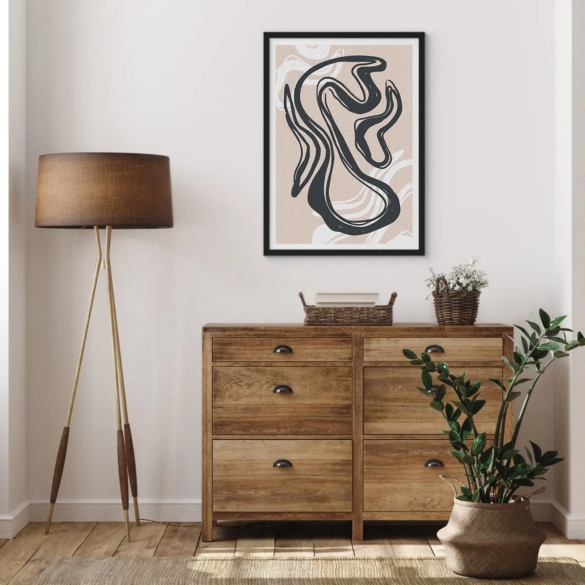 Affiche dans un cadre noir - Poster - Ligne abstraite sur fond beige - 50x70cm - Expression multipliée - Décoration murale moderne pour le salon et la chambre ARTTOR