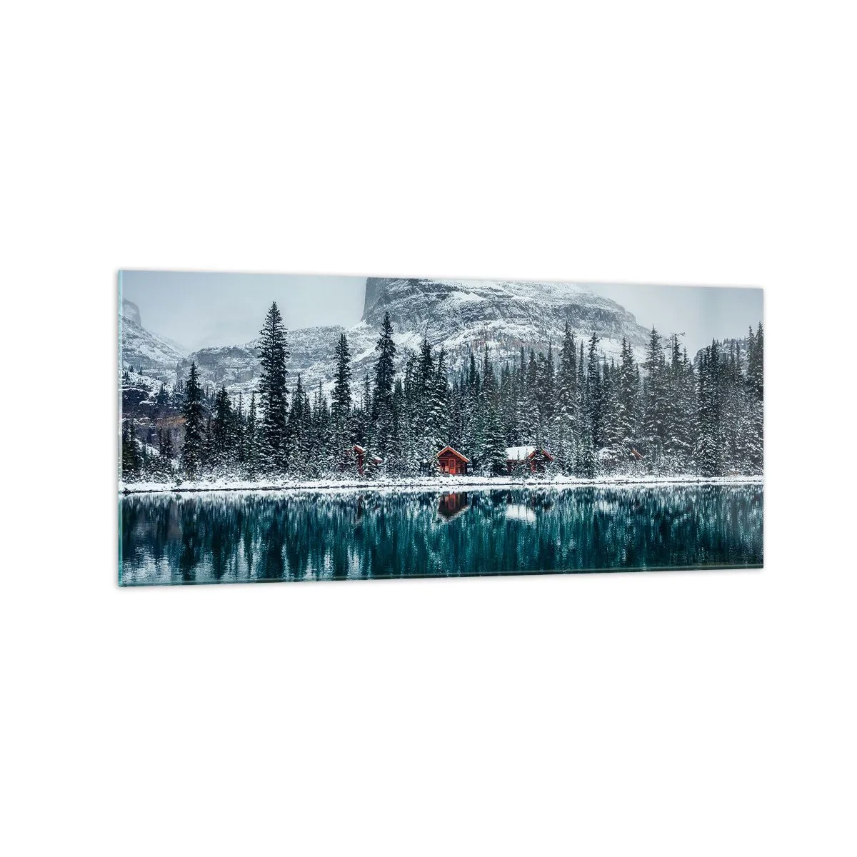 Impression sur verre - Image sur verre - Paysage d'hiver avec des chalets dans la forêt au bord d'un lac gelé - 120x50cm - Retraite canadienne - Décoration murale moderne pour le salon et la chambre ARTTOR