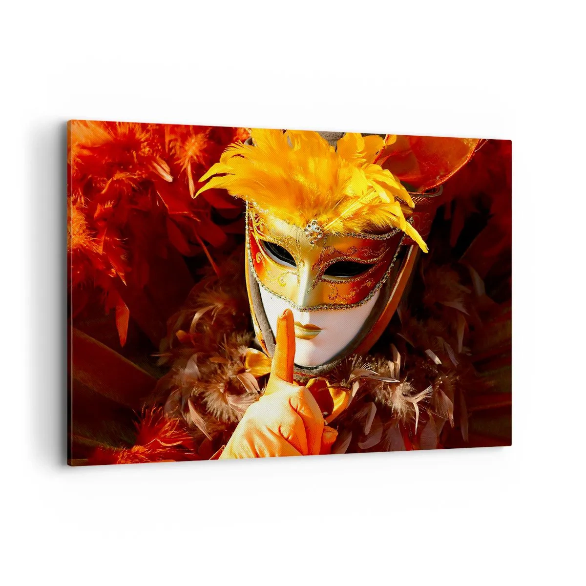 Impression sur toile - Image sur toile - Masque de carnaval aux tons or et orange - 100x70cm - Le secret est une partie du jeu - Décoration murale moderne pour le salon et la chambre ARTTOR