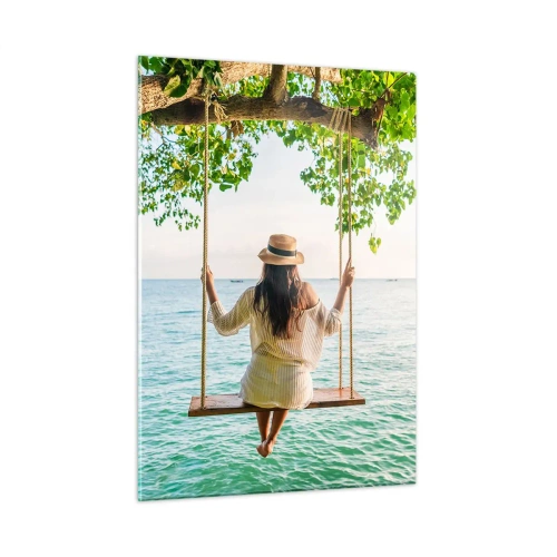 Impression sur verre - Image sur verre - Femme sur une balançoire au bord de la mer dans un décor tropical - 50x70cm - La vie est belle - Décoration murale moderne pour le salon et la chambre ARTTOR