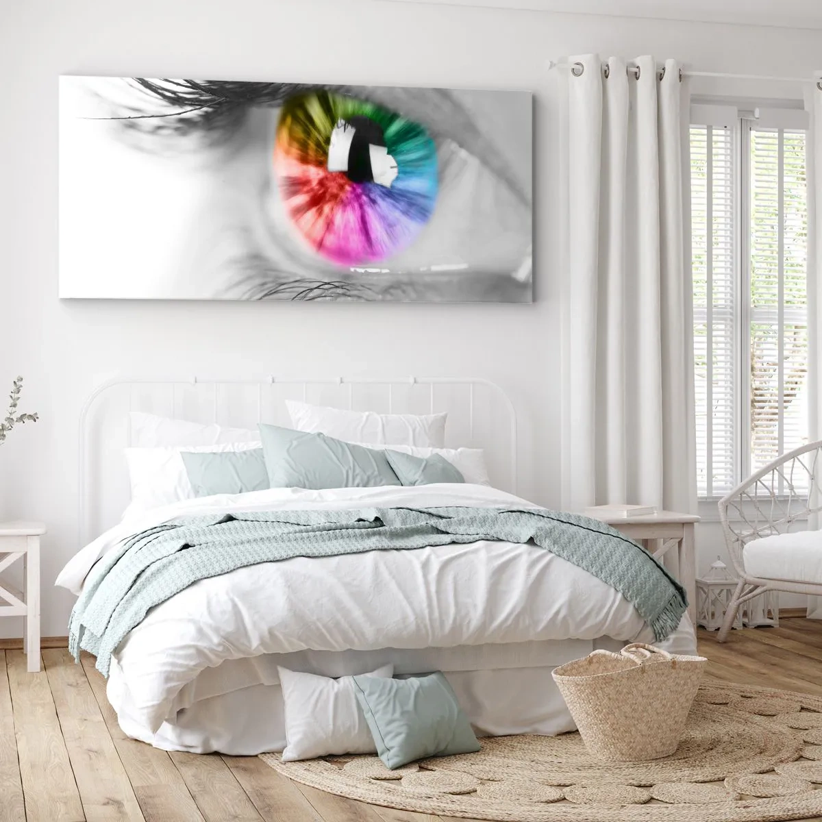 Impression sur toile - Image sur toile - Prise de vue artistique d'un œil avec un iris arc-en-ciel sur fond gris - 140x50cm - Regarde le monde en couleur - Décoration murale moderne pour le salon et la chambre ARTTOR
