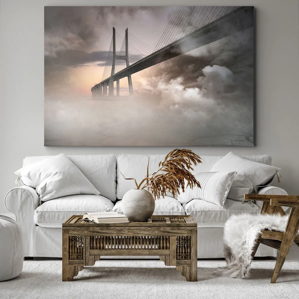 Impression sur toile - Image sur toile - Un pont sur une rivière entouré de brouillard le matin - 120x80cm - Sur la rivière qui n'existe pas - Décoration murale moderne pour le salon et la chambre ARTTOR