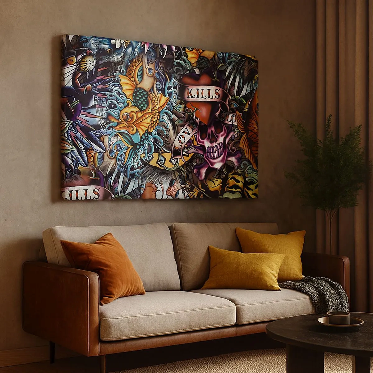 Impression sur toile - Image sur toile - Œuvre d'art colorée de style tatouage avec des crânes et des motifs nautiques - 70x50cm - Le rêve du tatoueur - Décoration murale moderne pour le salon et la chambre ARTTOR