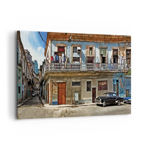 Impression sur toile - Image sur toile - Des immeubles colorés et une voiture classique dans le paysage urbain - 120x80cm - Climat hawaïen - Décoration murale moderne pour le salon et la chambre ARTTOR