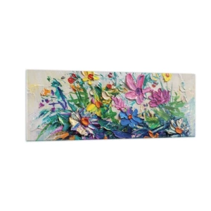 Impression sur verre - Image sur verre - Un bouquet de fleurs coloré peint selon la technique de l'empâtement - 140x50cm - Absolument pas une nature morte - Décoration murale moderne pour le salon et la chambre ARTTOR