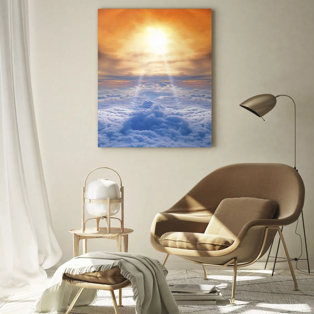Impression sur verre - Image sur verre - Coucher de soleil au dessus des nuages, le ciel plein de couleurs dorées et de lumière. - 80x120cm - Paysage mystique - Décoration murale moderne pour le salon et la chambre ARTTOR