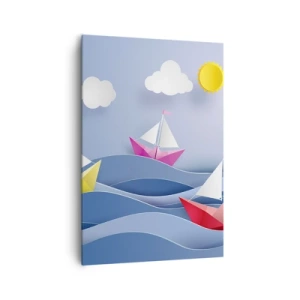 Impression sur toile - Image sur toile - Voiliers colorés sur les vagues par une journée ensoleillée - 70x100cm - Ah qu'il est agréable de se balancer dans les vagues - Décoration murale moderne pour le salon et la chambre ARTTOR