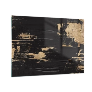 Impression sur verre - Image sur verre - Abstraction noire et dorée avec une texture semblable à un coup de pinceau - 70x50cm - Empreinte du toucher - Décoration murale moderne pour le salon et la chambre ARTTOR