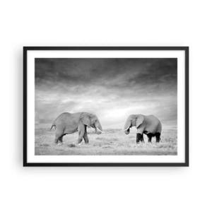 Affiche dans un cadre noir - Poster - Deux éléphants sur fond de savane africaine - 70x50cm - Le gris est beau - Décoration murale moderne pour le salon et la chambre ARTTOR