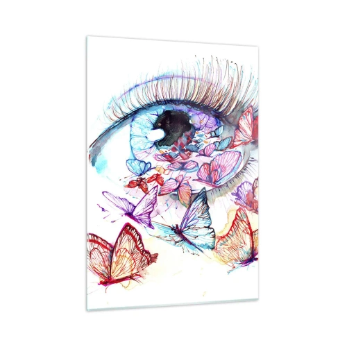 Impression sur verre - Image sur verre - L'œil d'une femme entouré de papillons colorés à l'aquarelle - 50x70cm - Charme des yeux de conte de fées - Décoration murale moderne pour le salon et la chambre ARTTOR