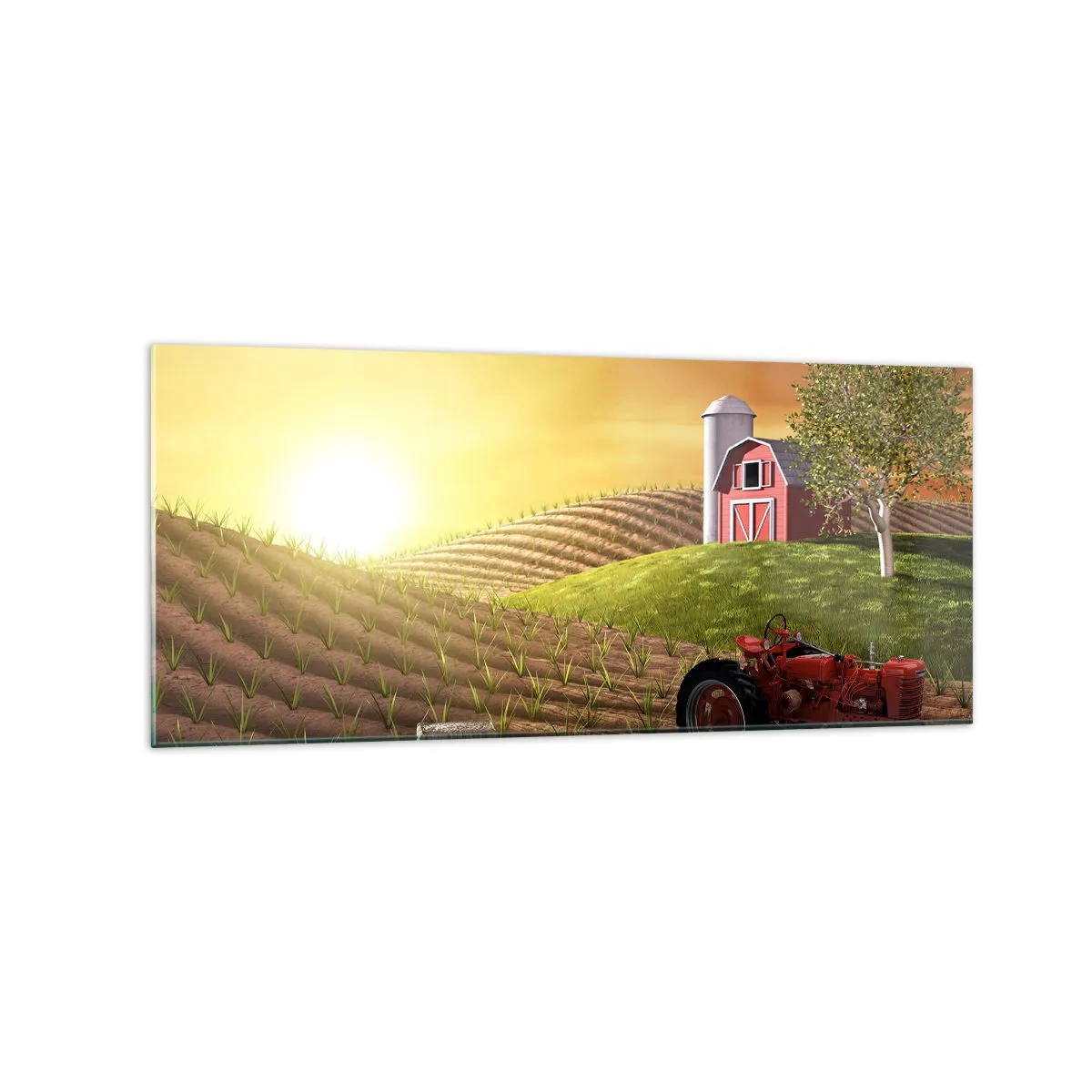 Impression sur verre - Image sur verre - Paysage rural avec une grange rouge, un tracteur et un lever de soleil - 120x50cm - Une ferme comme dans un conte de fées - Décoration murale moderne pour le salon et la chambre ARTTOR