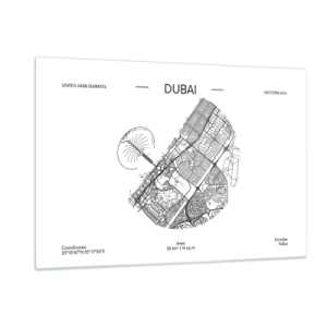 Impression sur verre - Image sur verre - Une carte minimaliste de Dubaï en noir et blanc. - 120x80cm - Anatomie de Dubaï - Décoration murale moderne pour le salon et la chambre ARTTOR