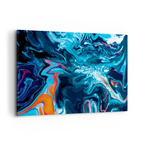 Impression sur toile - Image sur toile - Un motif abstrait dans des tons de bleu avec des accents orange. - 100x70cm - Voyage au centre du ciel - Décoration murale moderne pour le salon et la chambre ARTTOR