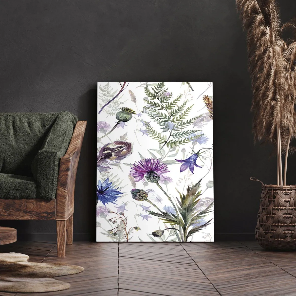 Impression sur toile - Image sur toile - Fleurs et herbes à l'aquarelle sur fond blanc dans le style herbier - 50x70cm - Herbier polonais - Décoration murale moderne pour le salon et la chambre ARTTOR