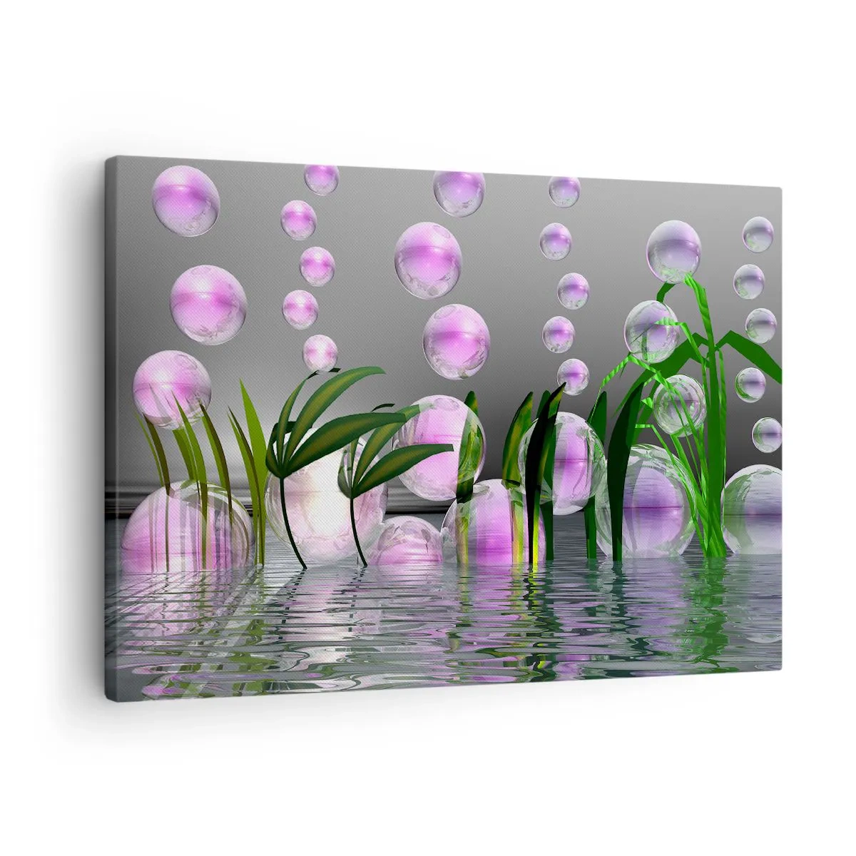Impression sur toile - Image sur toile - Feuilles vertes et bulles roses au-dessus de l'eau sur fond gris - 70x50cm - Une composition réfléchissante de légèreté et de vie - Décoration murale moderne pour le salon et la chambre ARTTOR