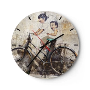 Horloge murale - Pendule murale - Un mur avec une peinture d'enfants sur un vélo - 30x30cm - Vrai ou faux? - Décoration murale moderne pour le salon, la cuisine et la chambre ARTTOR