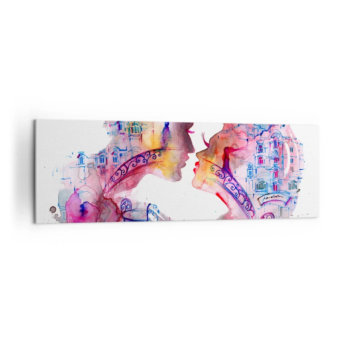 Impression sur toile - Image sur toile - Une aquarelle romantique représentant les silhouettes des amoureux - 160x50cm - Le pont secret des soupirs - Décoration murale moderne pour le salon et la chambre ARTTOR