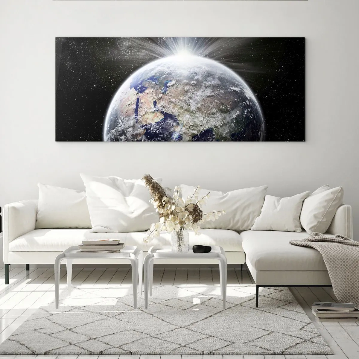 Impression sur verre - Image sur verre - La Terre et la Lune illuminées par la lueur de l'espace - 160x50cm - En pleine splendeur - Décoration murale moderne pour le salon et la chambre ARTTOR