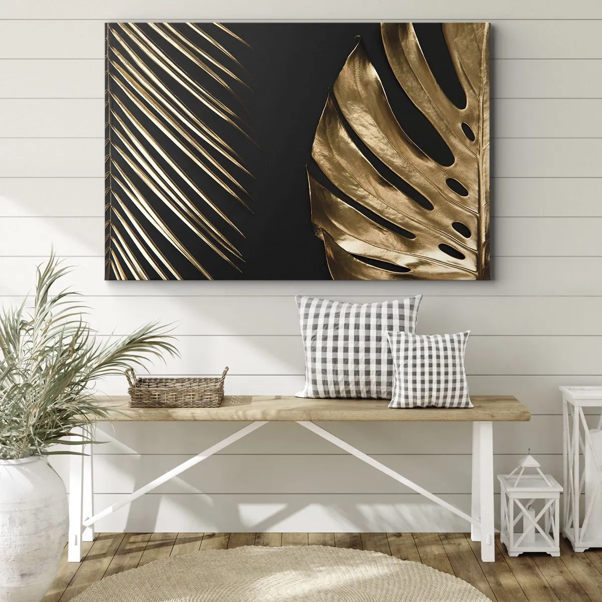 Impression sur toile - Image sur toile - Feuilles dorées sur fond noir - 120x80cm - Différent et tout aussi cher - Décoration murale moderne pour le salon et la chambre ARTTOR