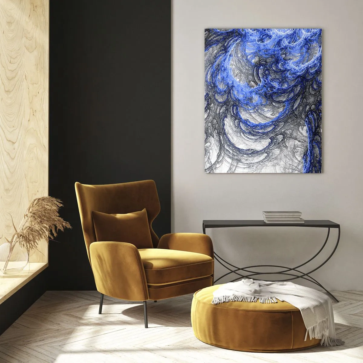 Impression sur verre - Image sur verre - Vagues abstraites dans des tons de bleu et de gris - 70x100cm - La naissance d'une vague - Décoration murale moderne pour le salon et la chambre ARTTOR