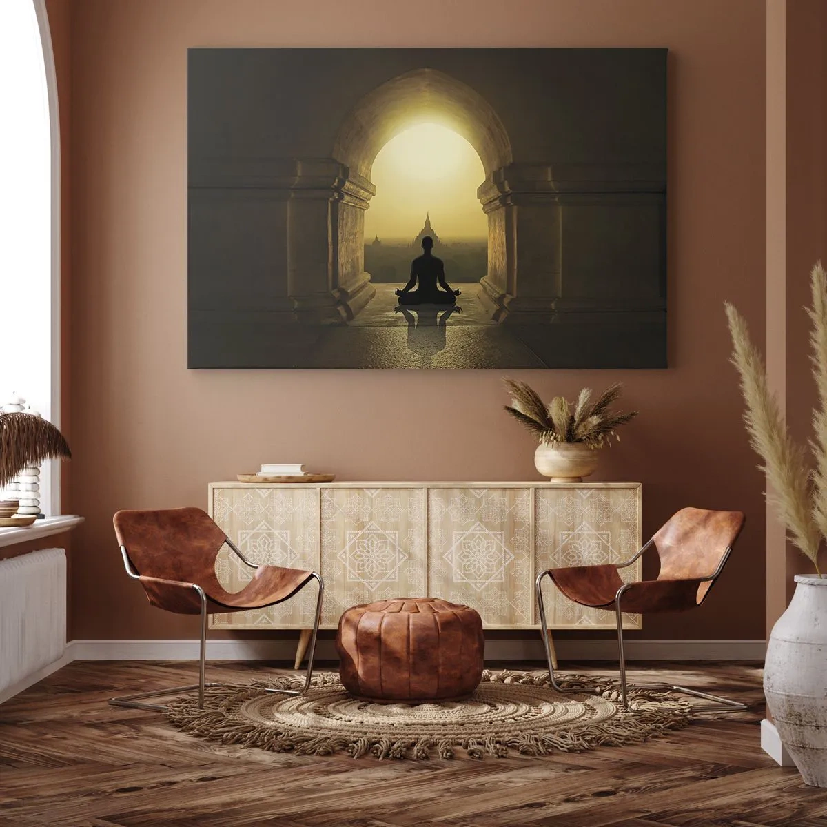 Impression sur toile - Image sur toile - Silhouette d'une personne méditant à la lumière du soleil couchant - 70x50cm - Pleine harmonie - Décoration murale moderne pour le salon et la chambre ARTTOR