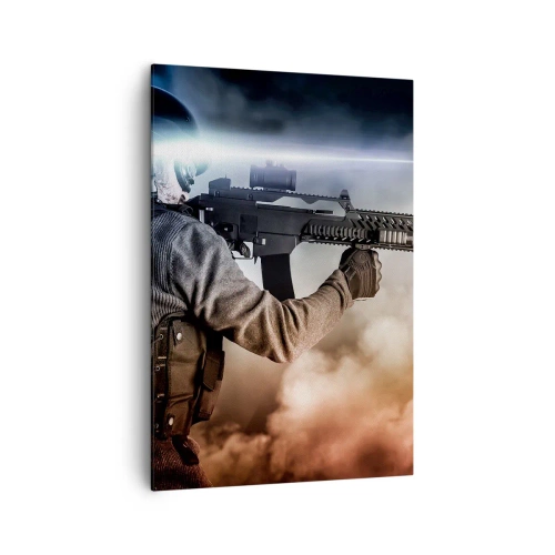 Impression sur toile - Image sur toile - Un soldat en action avec un fusil sur fond de nuages et de lumière. - 70x100cm - Tout simplement un héros - Décoration murale moderne pour le salon et la chambre ARTTOR
