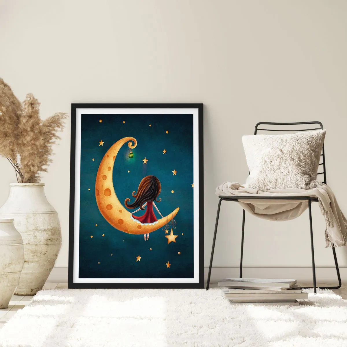 Affiche dans un cadre noir - Poster - Une fille sur la lune entourée d'étoiles et d'une lanterne - 50x70cm - Il était une fois... - Décoration murale moderne pour le salon et la chambre ARTTOR