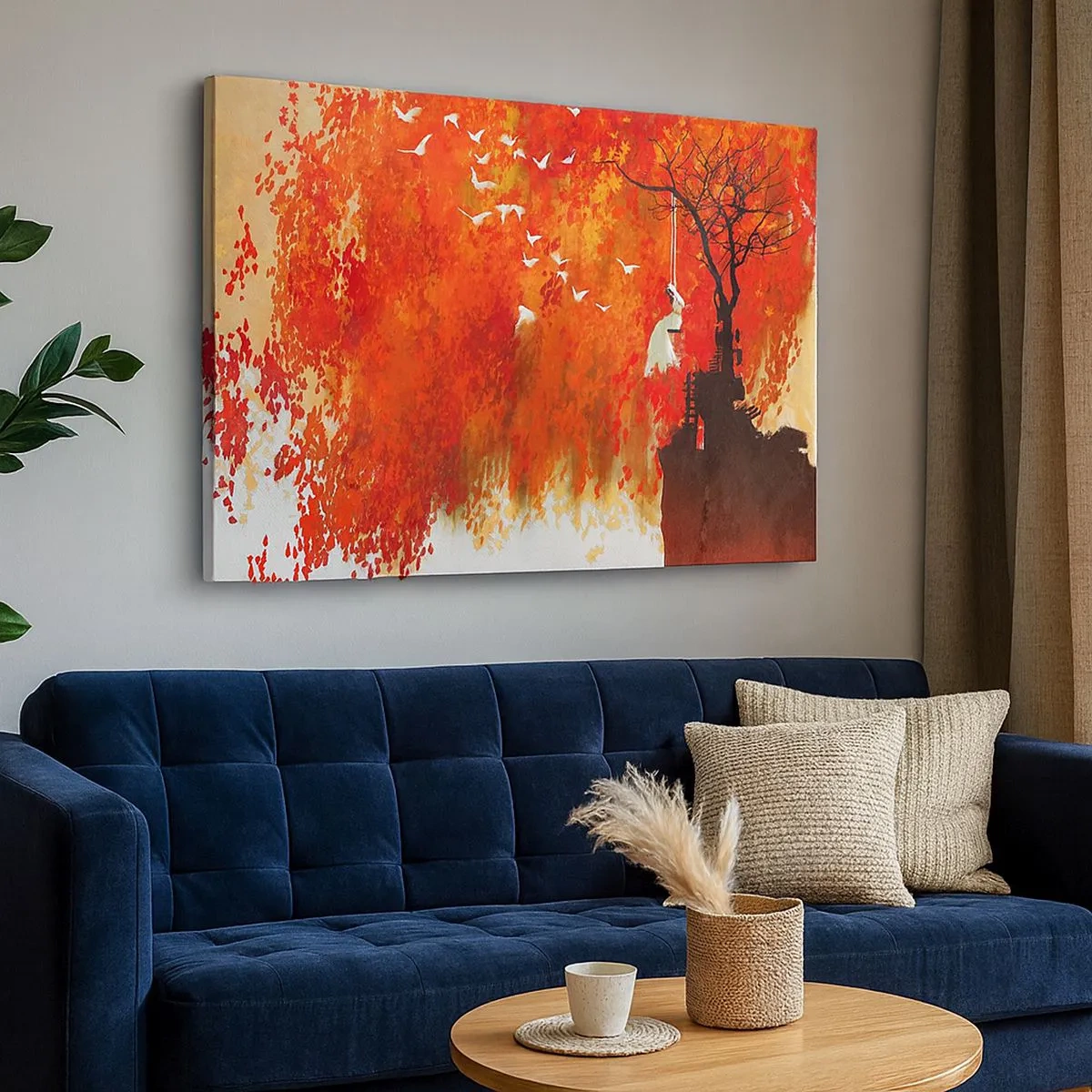 Impression sur toile - Image sur toile - Une silhouette sur une balançoire près d'un arbre entouré de feuilles rouges - 70x50cm - S'envolera-t-il avec eux ? - Décoration murale moderne pour le salon et la chambre ARTTOR