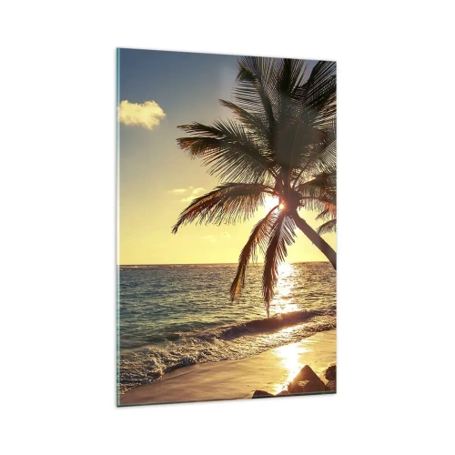 Impression sur verre - Image sur verre - Coucher de soleil tropical sur une plage avec des palmiers - 80x120cm - L'été sous les palmiers - Décoration murale moderne pour le salon et la chambre ARTTOR