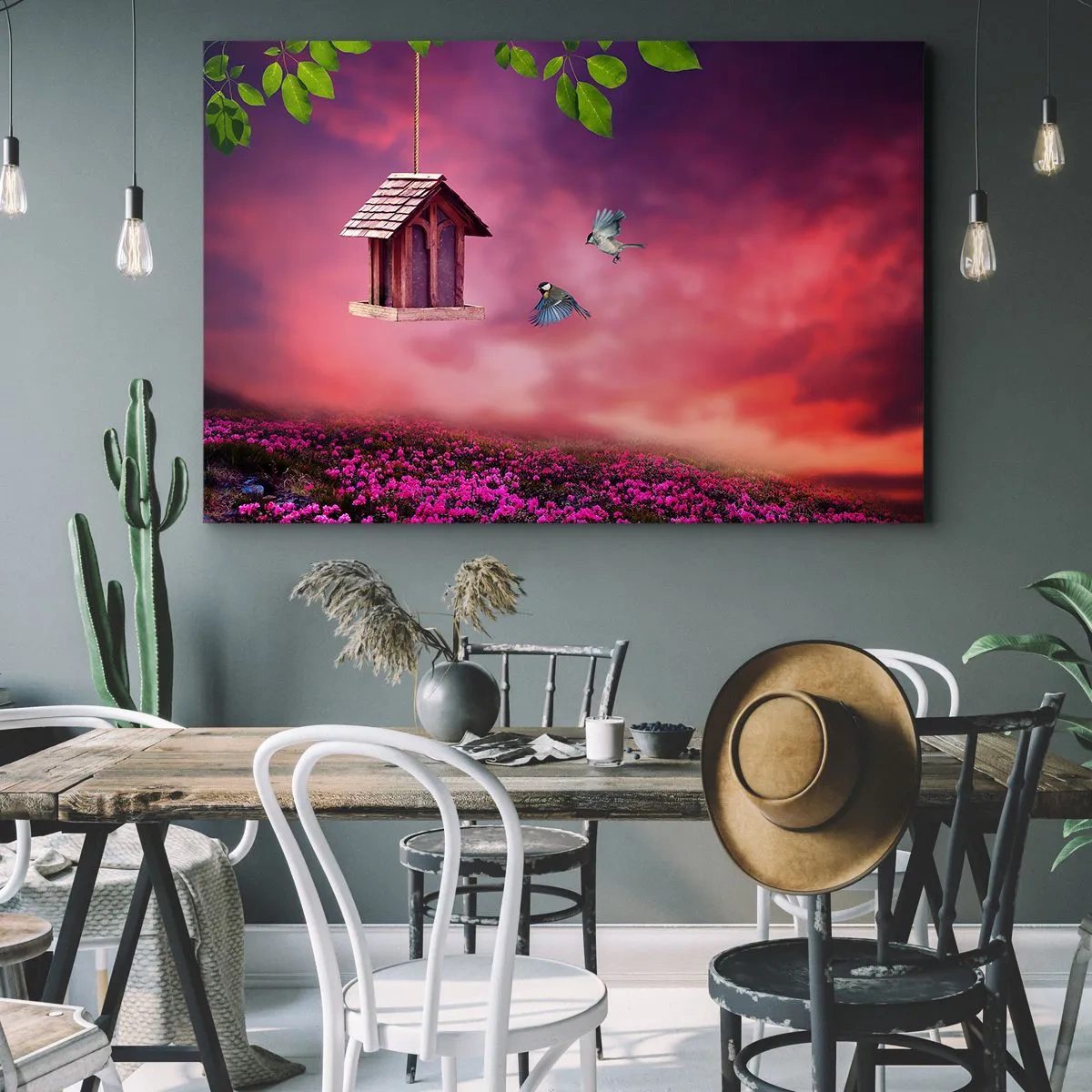 Impression sur toile - Image sur toile - Un paysage pittoresque avec un nichoir et un coucher de soleil - 120x80cm - Invitation à dîner - Décoration murale moderne pour le salon et la chambre ARTTOR
