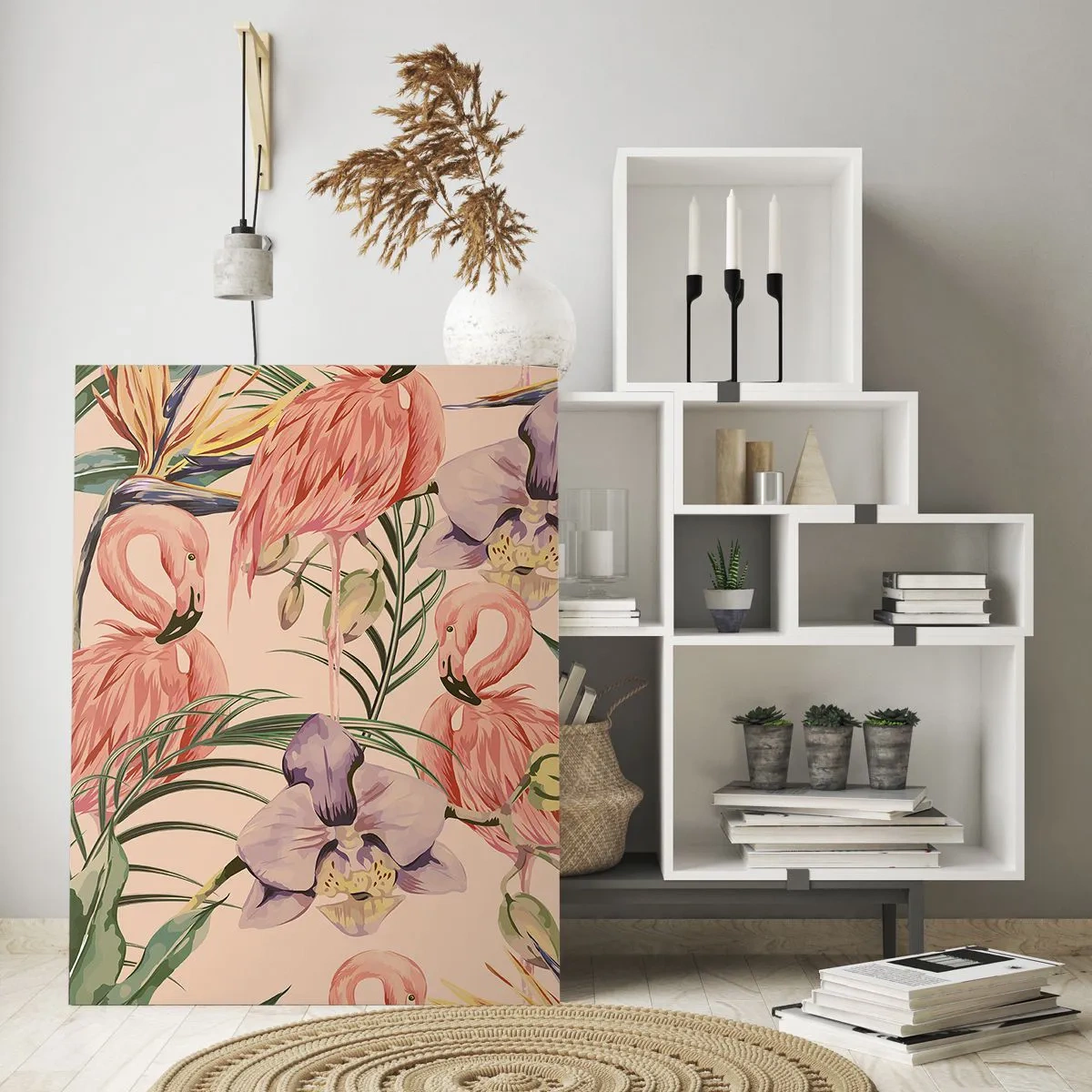 Impression sur verre - Image sur verre - Flamants roses entourés de fleurs et de plantes tropicales - 50x70cm - Ballet rose dans les fleurs - Décoration murale moderne pour le salon et la chambre ARTTOR