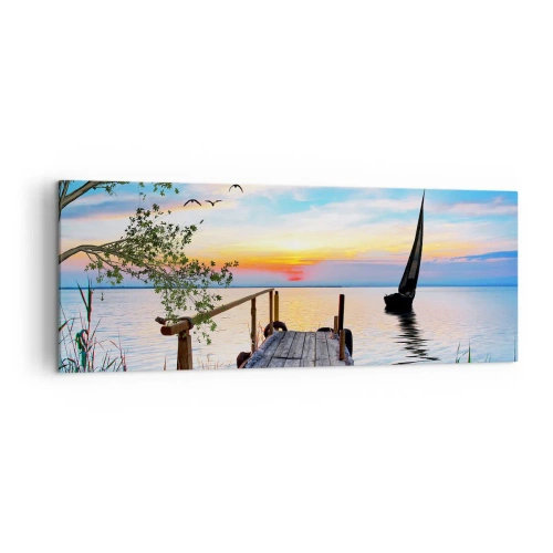 Impression sur toile - Image sur toile - Jetée du lac avec bateau et coucher de soleil - 140x50cm - Bonsoir! - Décoration murale moderne pour le salon et la chambre ARTTOR